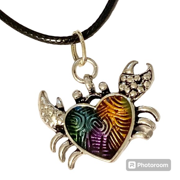 Crab Necklace Silver Plated 18" Black Cord Sea Life Beach Island Zodiac Cancer - Picture 1 of 7